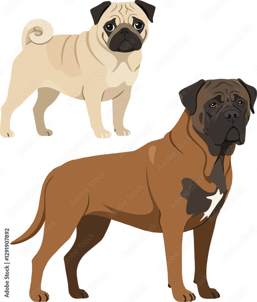 Two playful dogs in a flat design style, showcasing a pug and a bullmastiff in a friendly pose, perfect for vector art