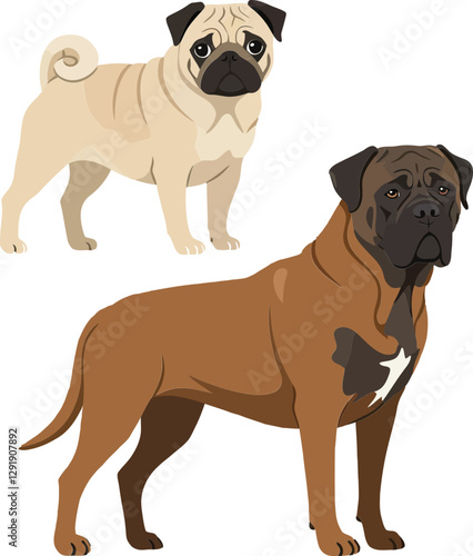 Obraz na płótnie Two playful dogs in a flat design style, showcasing a pug and a bullmastiff in a friendly pose, perfect for vector art w salonie