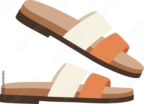Stylish summer sandals featuring a minimalist design with orange and white color accents in flat vector art