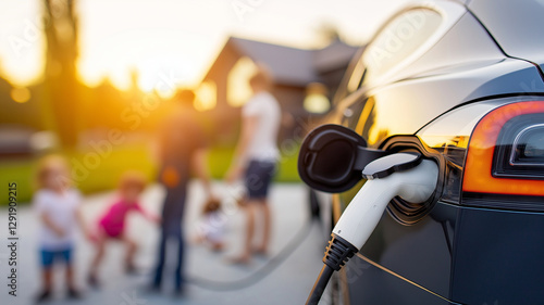 family enjoys outdoor time while electric car charges in background. warm sunset creates cozy atmosphere, highlighting connection between modern technology and family life