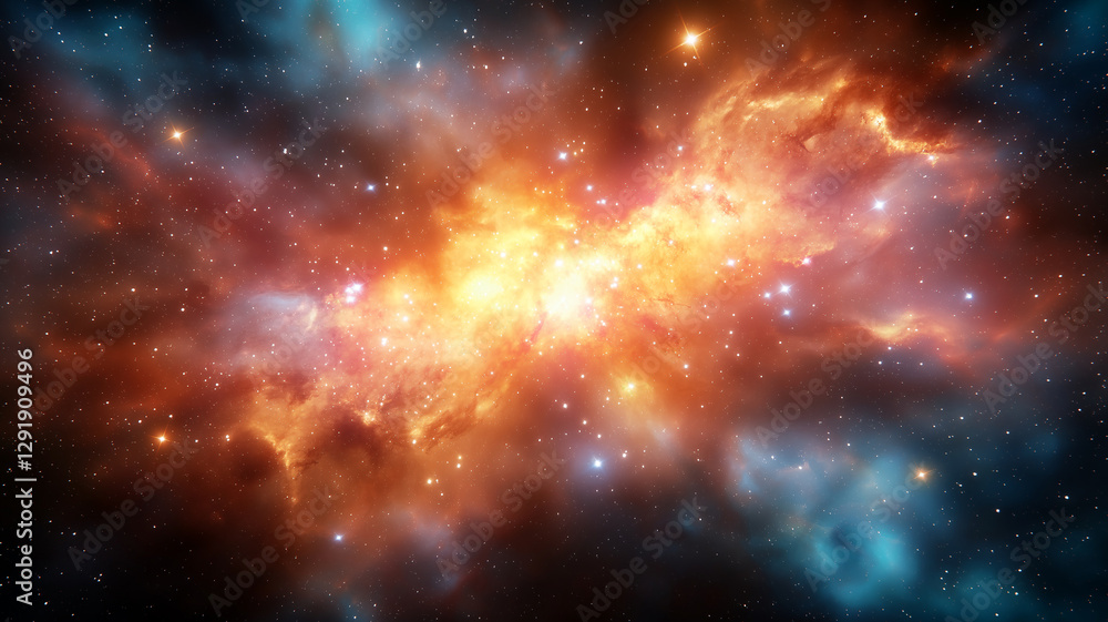 Fototapeta premium vibrant cosmic scene featuring nebula with bright orange and yellow hues, surrounded by stars and deep space elements, creating sense of wonder and vastness