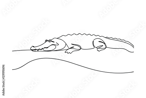 Single Line Drawing of a Crocodile Resting by Water