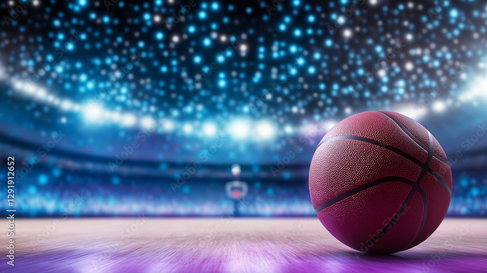 Obraz premium basketball rests on polished court, illuminated by vibrant indoor lighting, creating energetic atmosphere. blurred background showcases lively arena filled with spectators