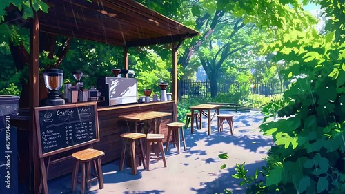 Wallpaper Mural Rainy Day Coffee Shop in a Park. Seamless looping time lapse animation video background, lo-fi art Torontodigital.ca