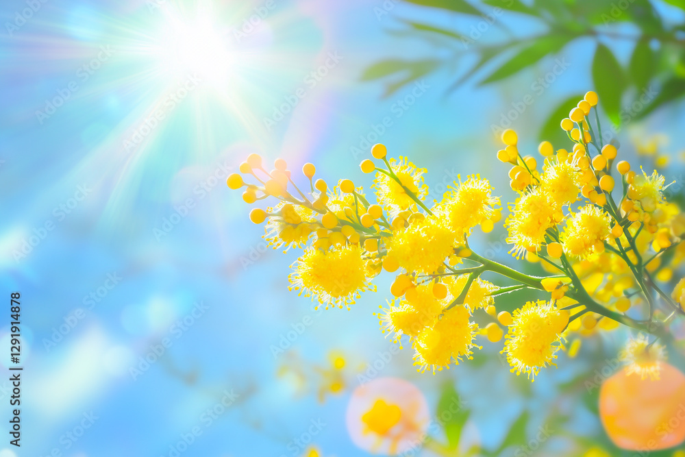 Mimosa Spring flowers Easter background. Mimosa blossoms over a sunny sky, a bright solar flare Mimosa Spring flowers Easter background. Mimosa blossoms over a sunny sky, a bright solar flare