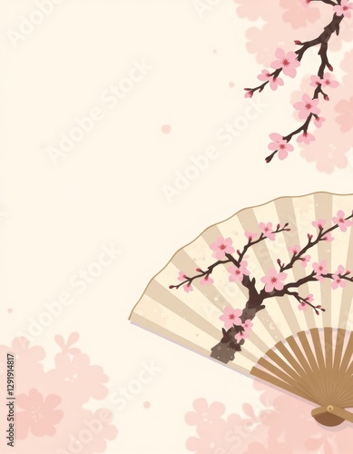 Japanese Cherry Blossom Fan Minimalist Flat Lay Illustration with Copy Space