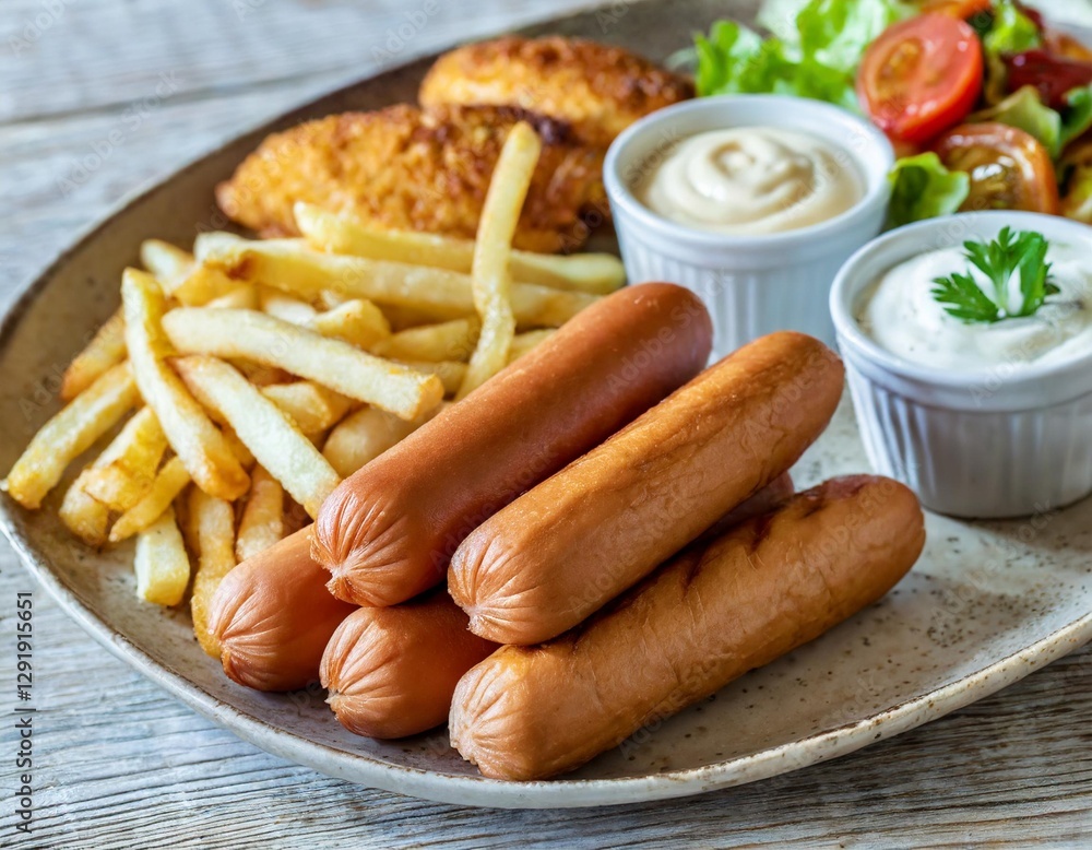 Casual Fast Food Platter: Hot Dogs, Chicken Strips, and Fries with Dipping Sauces Casual Fast Food Platter: Hot Dogs, Chicken Strips, and Fries with Dipping Sauces