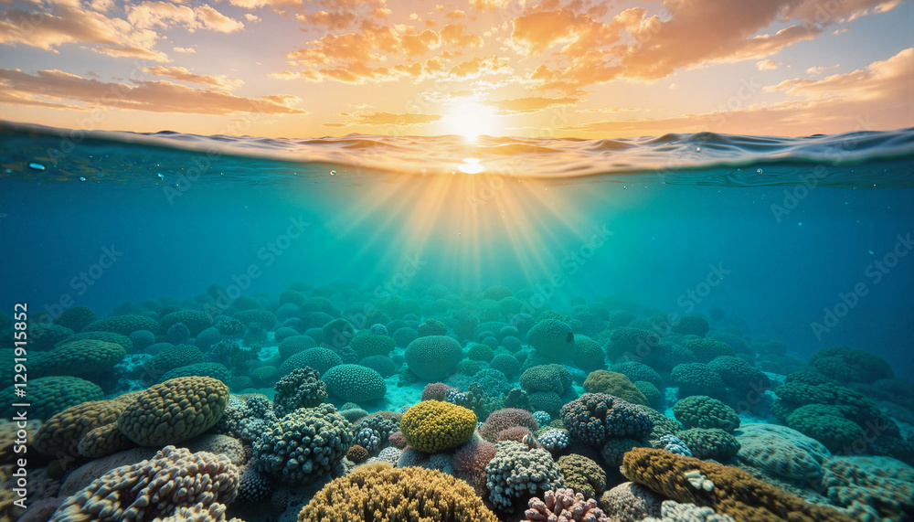 Fototapeta premium Vibrant coral reef at sunset with glowing horizon, oceanic serenity