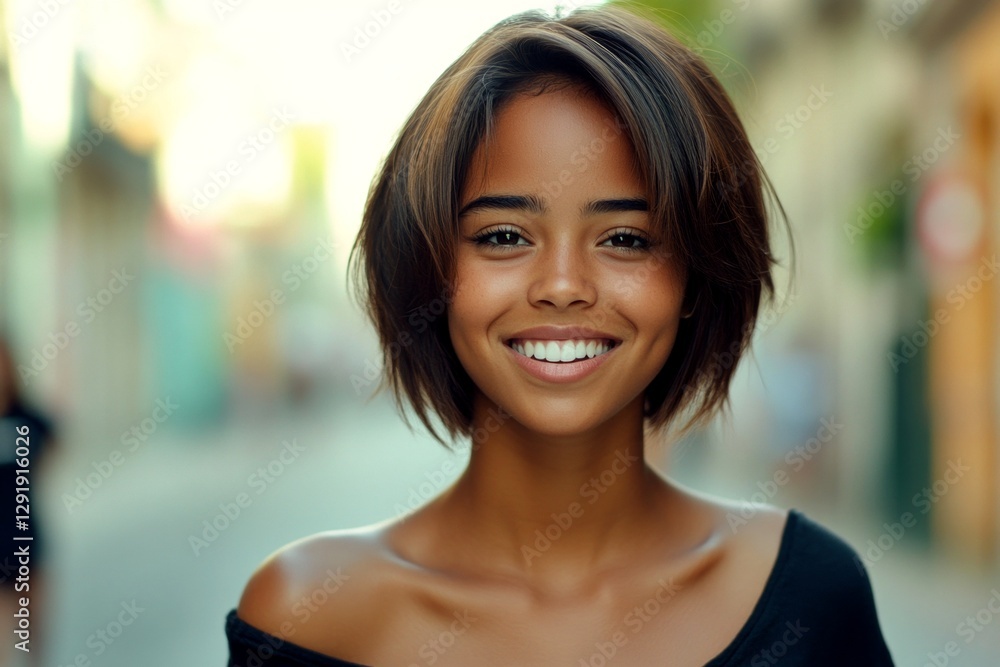 Stunning smiling mixed-race girl - for ads, billboard and internet use. Short haircut - straight hair. Commercial digital ads layout. Short hair african trend. Colored concept model. Stunning smiling mixed-race girl - for ads, billboard and internet use. Short haircut - straight hair. Commercial digital ads layout. Short hair african trend. Colored concept model.