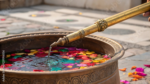 Traditional brass pot of holi festive with flower petals and water pouring from golden pipe, Ornate brass bowl with floating petals and water stream in cultural setting