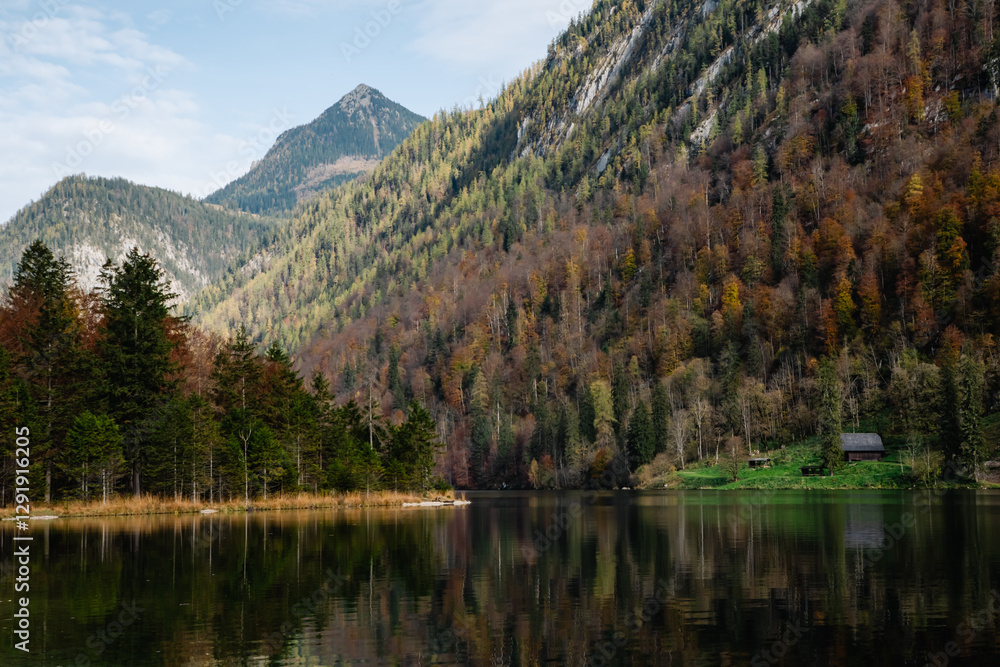 Konigsee lake surrounded by mountains in the autumn, Berchtesgaden National Park, Bavaria, Germany.. Konigsee lake surrounded by mountains in the autumn, Berchtesgaden National Park, Bavaria, Germany..