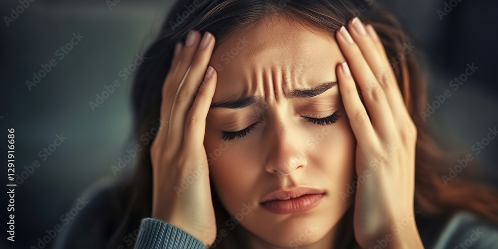 Fototapeta premium Woman experiencing severe headache indoors while holding her head in pain during a quiet moment of reflection