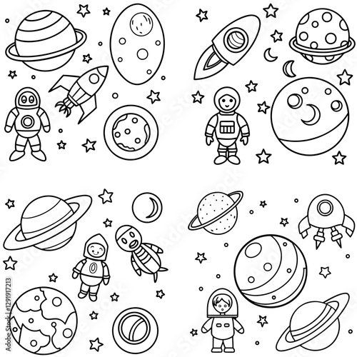 Solar System and Space Adventure Coloring Page for Kids, an educational space-themed coloring page featuring planets, astronauts, rockets, and the moon, aimed at teaching kids about the solar system