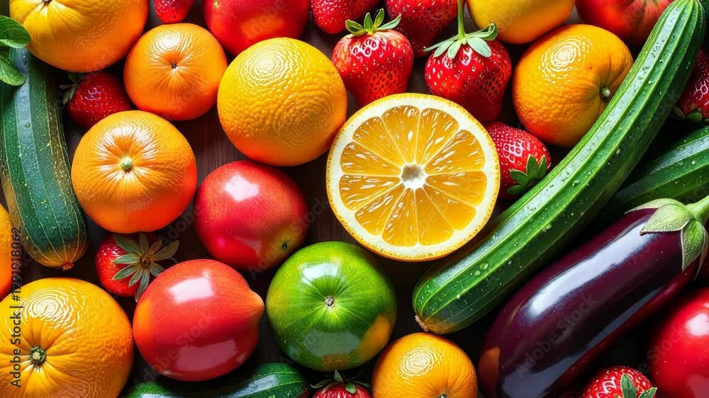 A variety of fruits and vegetables are displayed on a table. There are oranges, strawberries, and cucumbers A variety of fruits and vegetables are displayed on a table. There are oranges, strawberries, and cucumbers