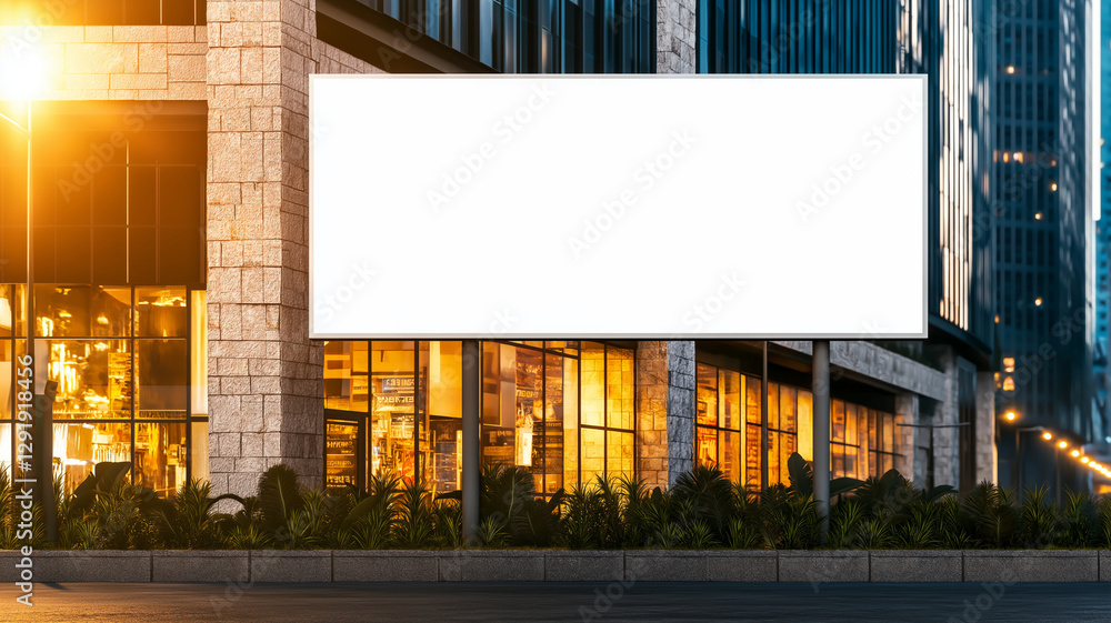 Obraz premium blank white billboard stands prominently in front of modern building, illuminated by warm lights. urban setting features glass windows and lush greenery, creating striking contrast