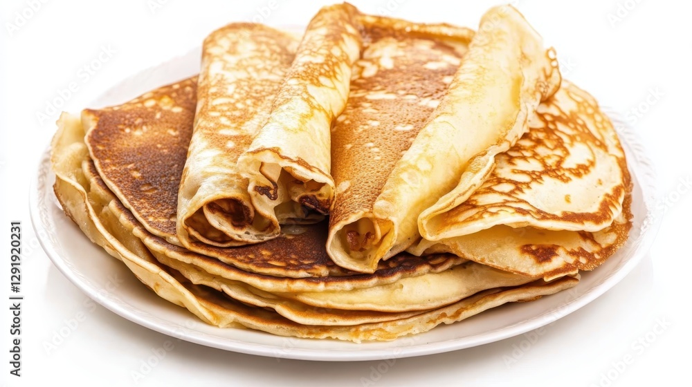 Delicious stack of golden crepes served on a white plate showcasing soft texture and perfect brown edges ideal for any meal or dessert Delicious stack of golden crepes served on a white plate showcasing soft texture and perfect brown edges ideal for any meal or dessert
