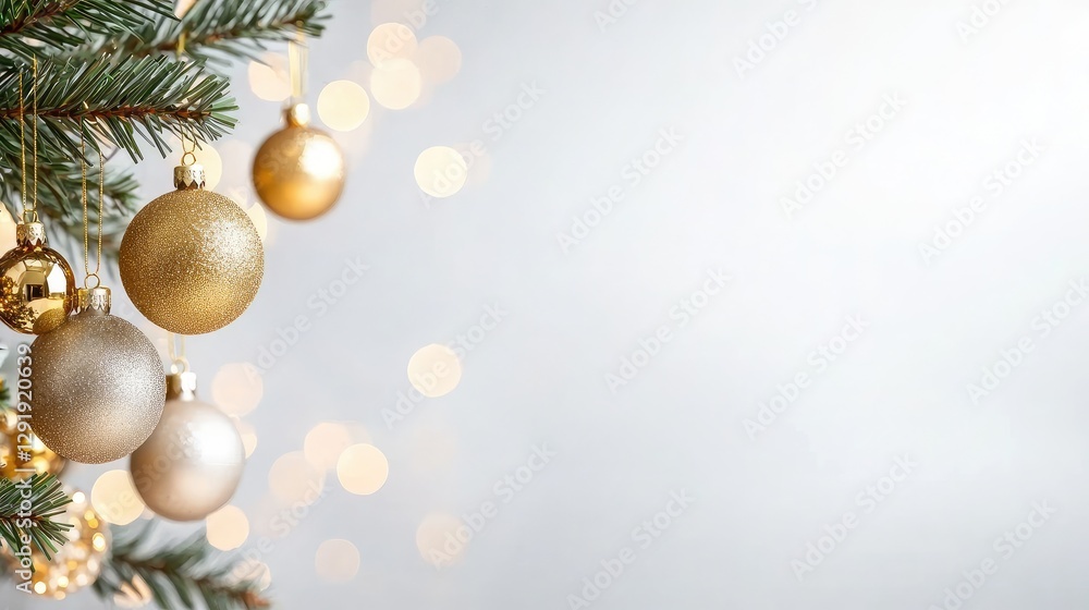 Festive gold ornaments on Christmas tree branch, bokeh background, holiday greeting card Festive gold ornaments on Christmas tree branch, bokeh background, holiday greeting card