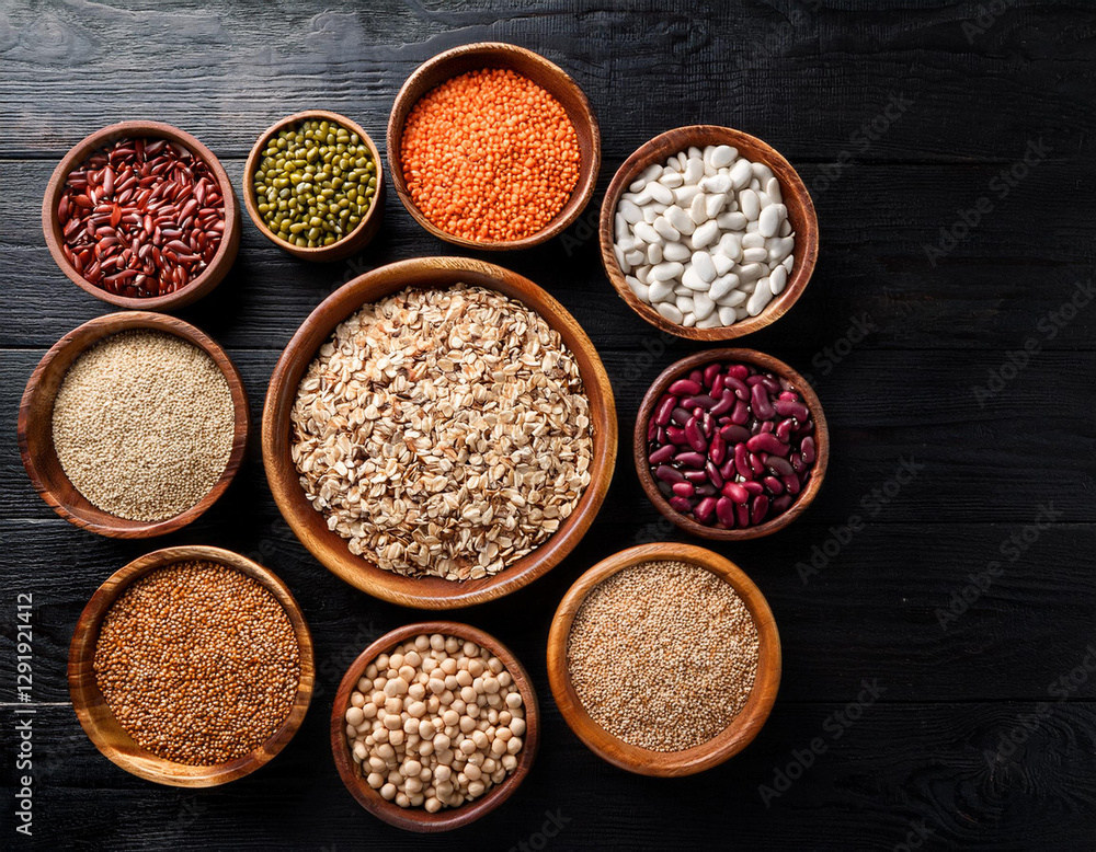 Uncooked pulses,grains and seeds in White bowls over wooden background. selective focus Uncooked pulses,grains and seeds in White bowls over wooden background. selective focus