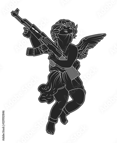Angel Wearing Mask Holding Weapon Displaying Artistic Contrast of Symbolism For T-Shirt Designs