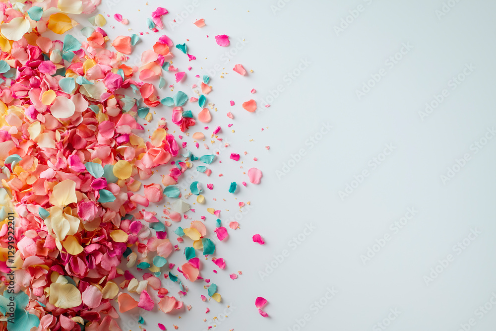 Vibrant flower petals scattered on a white surface capture the essence of spring. A fresh and lively composition perfect for seasonal promotions and floral-themed designs. Vibrant flower petals scattered on a white surface capture the essence of spring. A fresh and lively composition perfect for seasonal promotions and floral-themed designs.