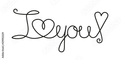 Declaration of love in artline style. Inscription “I love you!” with heart drawn in one line on white background. Hand drawn heart with text “I love you!” in minimalist style.         