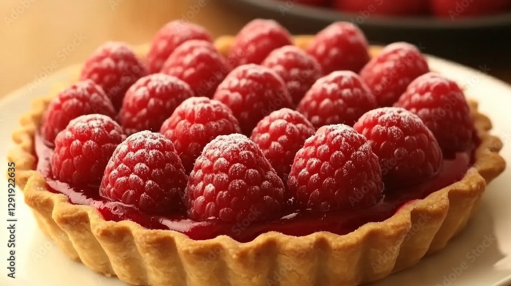 Delicious raspberry tart with fresh berries and powdered sugar on a plate Delicious raspberry tart with fresh berries and powdered sugar on a plate