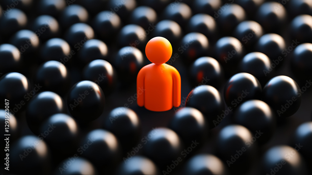 Fototapeta premium Orange figure standing out in a crowd of black figures, representing individuality, leadership and standing out concept in the mass against a dark background