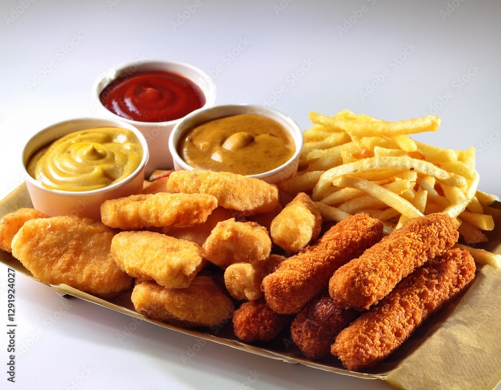 Casual Fast Food Platter: Hot Dogs, Chicken Strips, and Fries with Dipping Sauces Casual Fast Food Platter: Hot Dogs, Chicken Strips, and Fries with Dipping Sauces