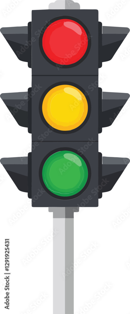 Traffic light with red, yellow, and green signals in a flat design showcasing urban traffic control vector art
