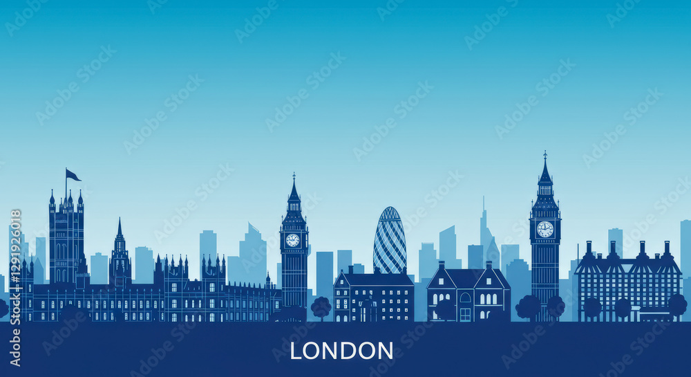 Naklejka premium A graphic novel- comic-style, illustration of a London urban suburb, with detailed streets and buildings, set against the iconic skyline of London City in the background.