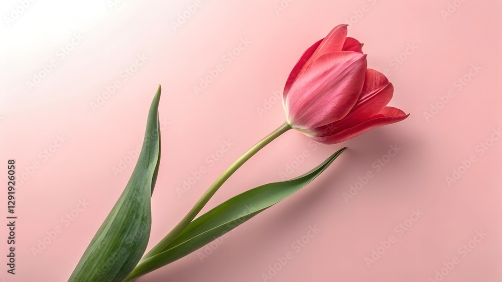 Obraz premium Beautiful red tulip on soft pink background with copy space