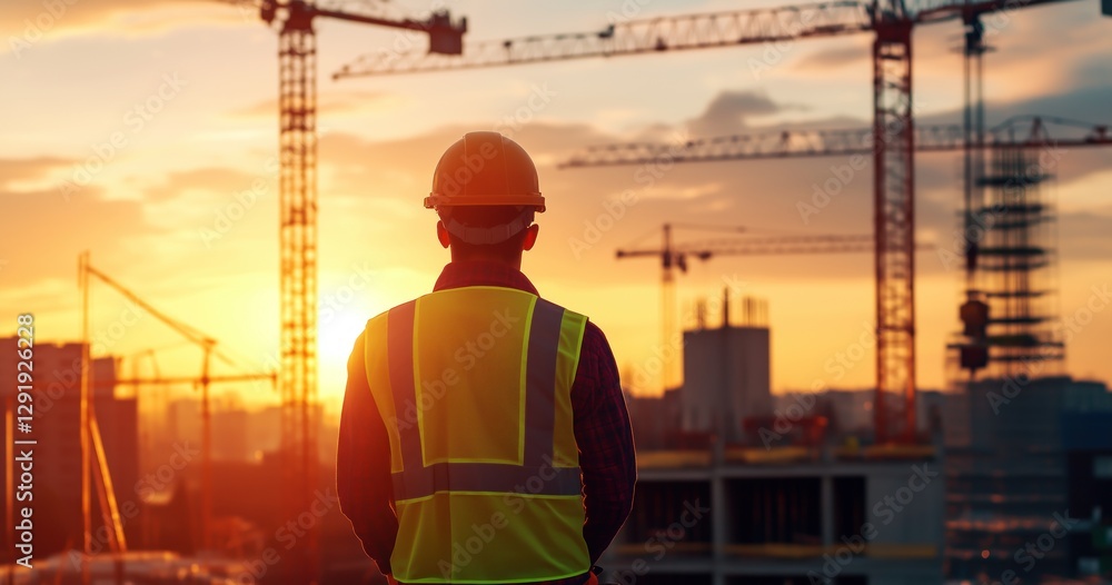 Un ingénieur du bâtiment, vue de dos, portant un casque de sécurité et un gilet de travail, debout sur un chantier en construction avec des grues au coucher du soleil. Un ingénieur du bâtiment, vue de dos, portant un casque de sécurité et un gilet de travail, debout sur un chantier en construction avec des grues au coucher du soleil.