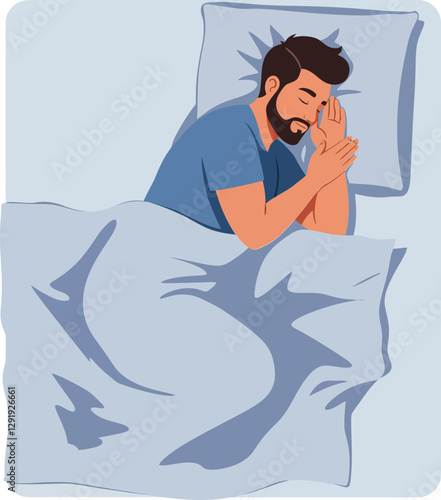 Man peacefully sleeping in a cozy bed with blue sheets in a flat vector illustration depicting tranquility and comfort