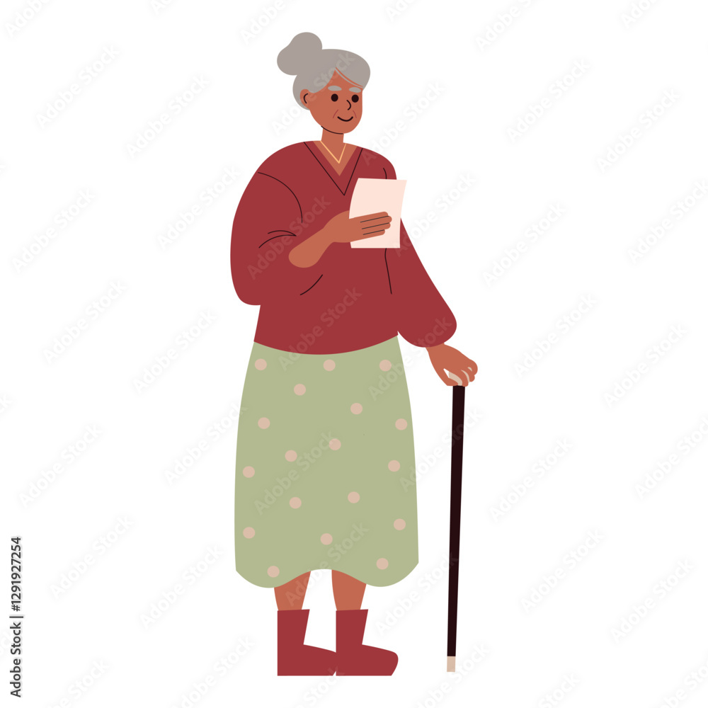 Fototapeta premium An elderly, happy woman, a grandmother with gray hair, stands reading with a cane. He holds the sheet in his hands. Mature character in a flat vector style
