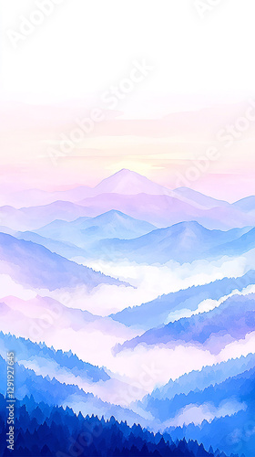 Serene mountain landscape at dawn with soft pastel colors and mist enveloping the valleys