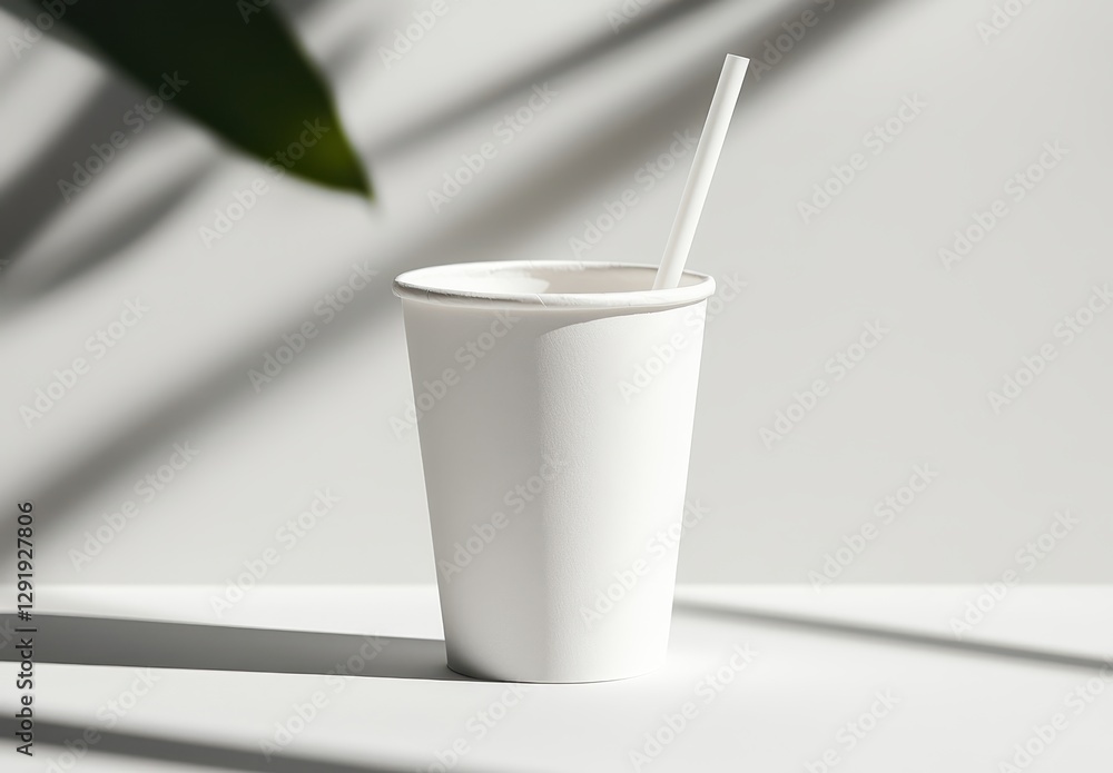 Minimalist White Paper Cup with Straw on Clean Surface Surrounded by Soft Shadows from Green Leaves and Natural Light Minimalist White Paper Cup with Straw on Clean Surface Surrounded by Soft Shadows from Green Leaves and Natural Light