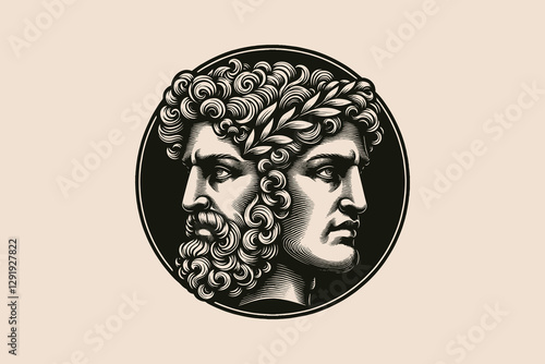 Janus god engraving, two faces, laurel wreath, vintage icon