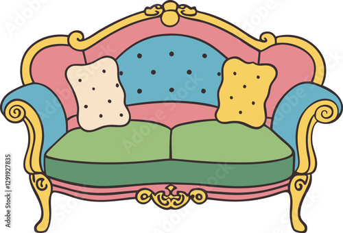 Colorful vintage sofa with decorative cushions in classic, elegant design illustration