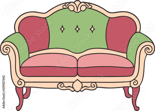 Vintage pastel sofa illustration with ornate detailing and elegant curved design