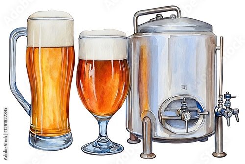 Illustration of beer glasses and a brewery fermenter photo