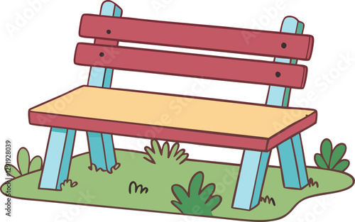 wooden park bench with grass patches in outdoor setting