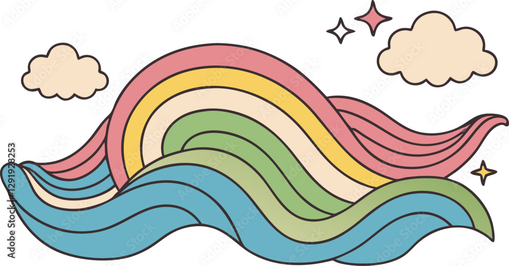 Colorful abstract wave and rainbow with clouds and stars in pastel tones Colorful abstract wave and rainbow with clouds and stars in pastel tones