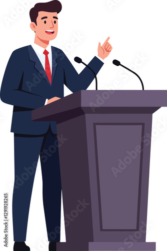 Businessman in a suit confidently delivering a speech at a podium in a detailed vector illustration showcasing professional communication and motivation vector art