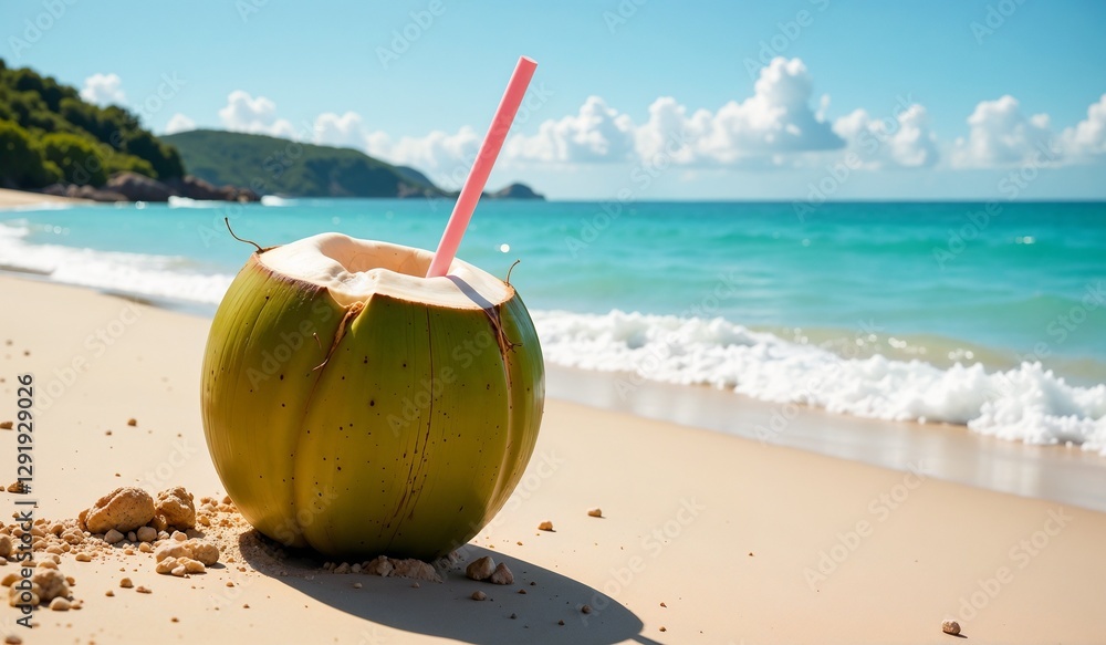 Fresh coconut with a straw on the beach during a sunny day with clear blue water Fresh coconut with a straw on the beach during a sunny day with clear blue water