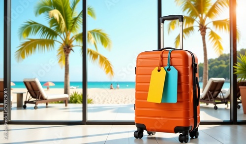 Bright orange suitcase in vibrant colors with traveler tags representing a tropical vacation with space for text