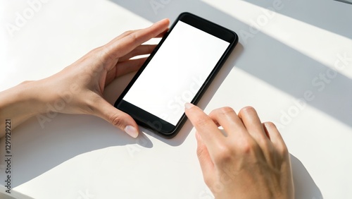 Closeup image of hands gently touching a black smartphone resting on a white background displaying a soft shadow ideal for tech and lifestyle related applications