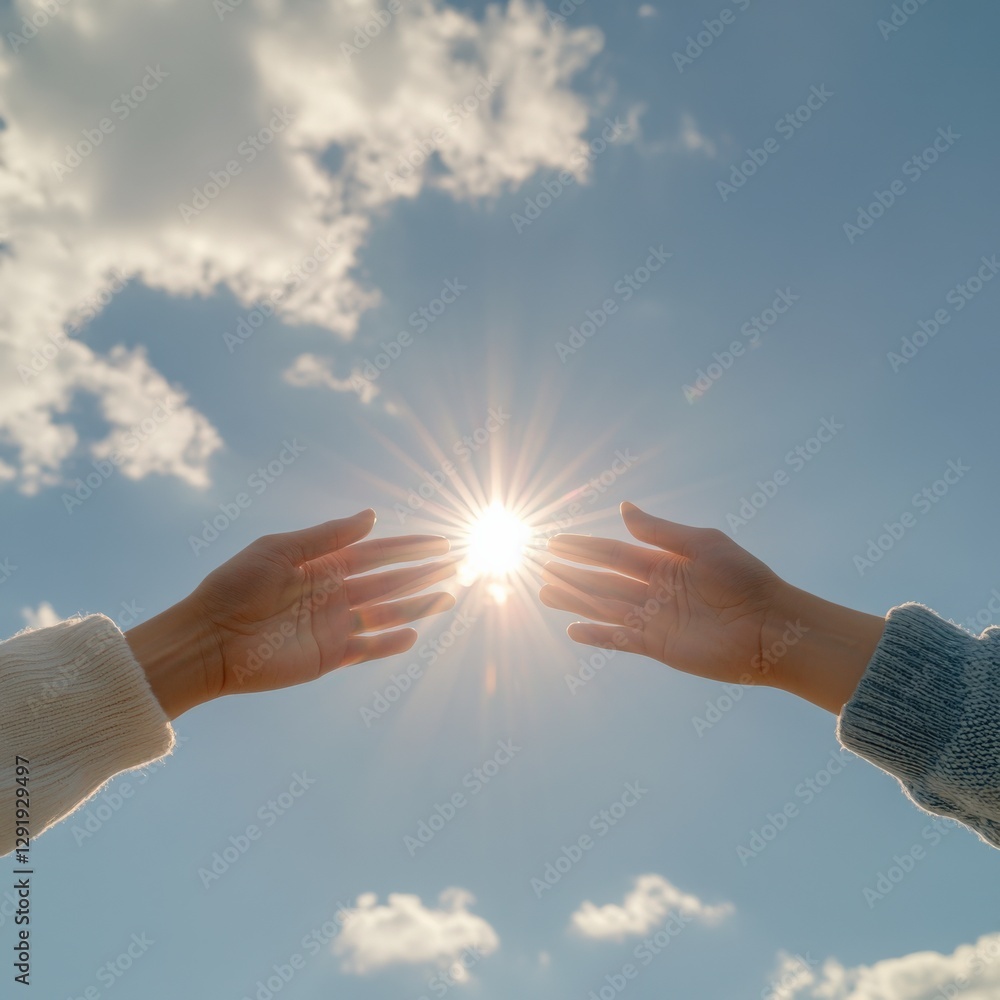 Hands Reaching for the Sun in a Blue Sky