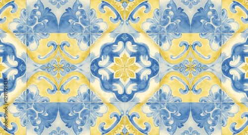 Decorative Tiles Blue and Yellow Floral Design Portuguese Style Pattern