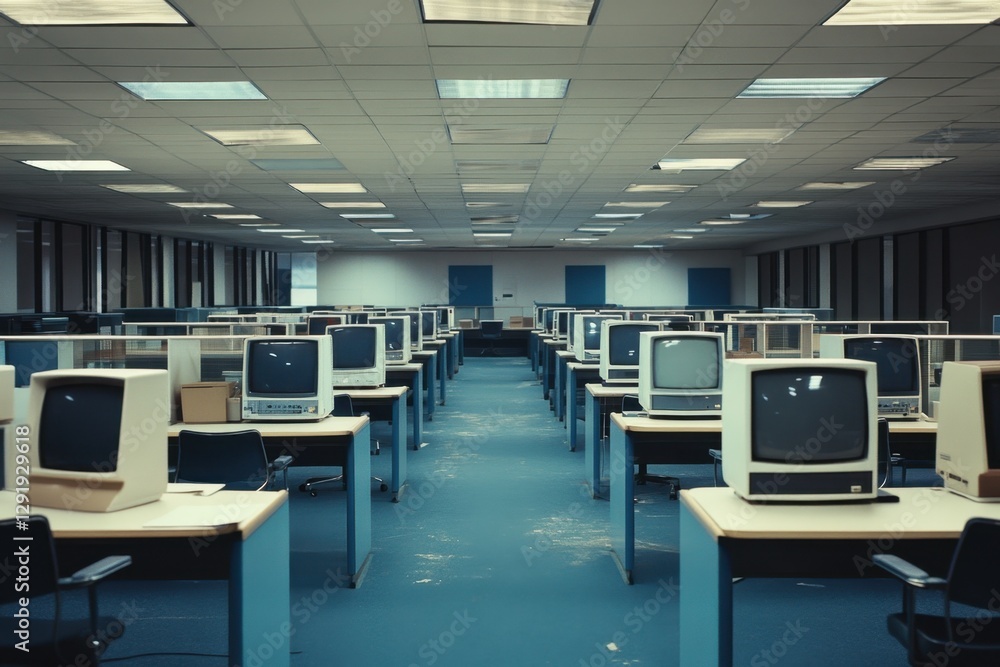 A photo depicting an office space devoid of people featuring numerous desks and chairs Contemporary business office with hightech equipment . A photo depicting an office space devoid of people featuring numerous desks and chairs Contemporary business office with hightech equipment .
