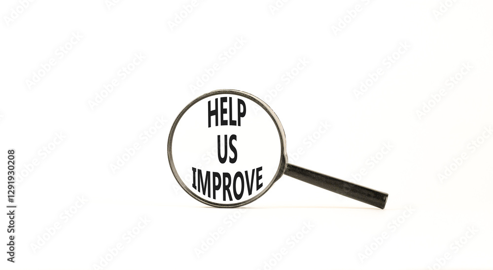 Help us improve symbol. Concept words Help us improve on beautiful black magnifying glass. Beautiful white background. Business motivational help us improve concept. Copy space. Help us improve symbol. Concept words Help us improve on beautiful black magnifying glass. Beautiful white background. Business motivational help us improve concept. Copy space.